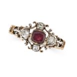 AN ANTIQUE GARNET AND DIAMOND RING, 19TH CENTURY in yellow gold, in scrolling design, set with a