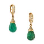 A PAIR OF EMERALD AND DIAMOND DROP EARRINGS in 14ct yellow gold, each comprising a huggie hoop set