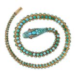 AN ANTIQUE TURQUOISE, DIAMOND AND GARNET SNAKE NECKLACE, 19TH CENTURY in yellow gold, designed as