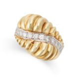 A DIAMOND DRESS RING in yellow gold, the fluted band set with a row of round brilliant cut diamonds,