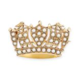 A VINTAGE PEARL NAVAL CROWN BROOCH in 9ct yellow gold, designed as a naval crown set throughout with