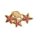 CARTIER, A VINTAGE RUBY AND DIAMOND STARFISH BROOCH in 18ct yellow gold, designed as a fish with