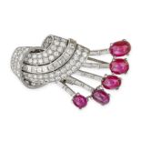 A VINTAGE BURMA NO HEAT STAR RUBY AND DIAMOND CLIP BROOCH in platinum, in scrolling design, set with