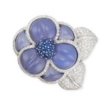 A BLUE CHALCEDONY, SAPPHIRE AND DIAMOND FLOWER BROOCH in 18ct white gold, set to the centre with a