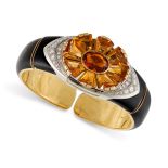 A RETRO CITRINE, DIAMOND AND ENAMEL BANGLE in 18ct yellow gold, set with a central oval cut