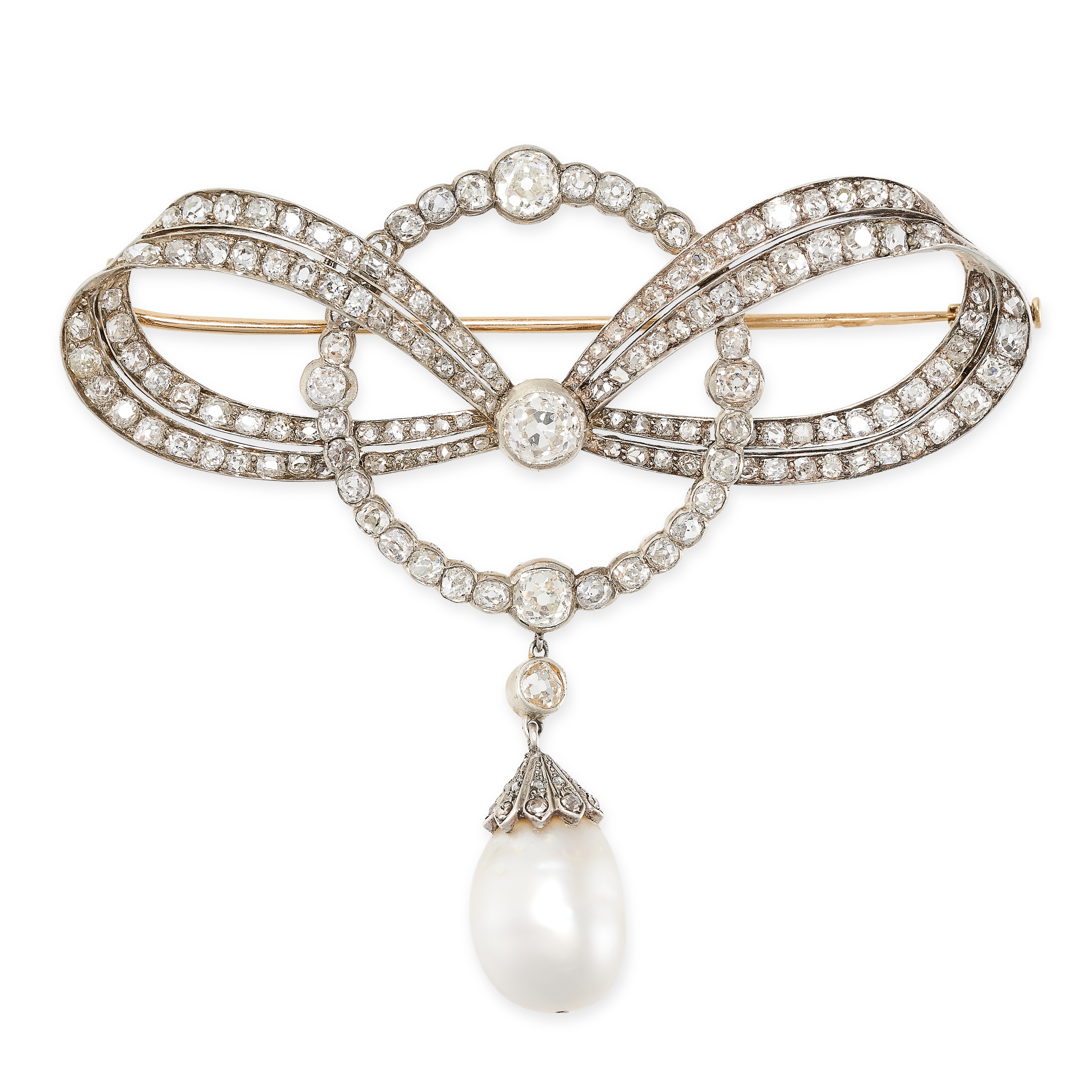 A FINE BELLE EPOQUE NATURAL PEARL BOW BROOCH, EARLY 20TH CENTURY designed as a ribbon tied in a