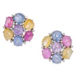 A PAIR OF MULTICOLOURED SAPPHIRE AND DIAMOND EARRINGS in white gold, each set with a cluster of