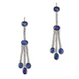 A PAIR OF ART DECO SAPPHIRE AND DIAMOND DROP EARRINGS in yellow gold and platinum, each set with