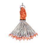 A CORAL, DIAMOND, PEARL AND ONYX TASSEL PENDANT in 18ct white gold, comprising a piece of polished