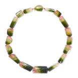 A FINE WATERMELON TOURMALINE BEAD NECKLACE in 18ct yellow gold, set with a single row of faceted