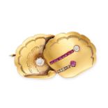 A RUBY AND DIAMOND SHELL BROOCH in yellow gold, designed as two shells, set with old and rose cut