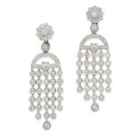 A PAIR OF DIAMOND DROP EARRINGS in white gold, each set with a cluster of round cut cut diamonds