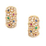 A PAIR OF VINTAGE GEMSET CLIP EARRINGS in 18ct yellow gold, the stylised half hoop design pave set