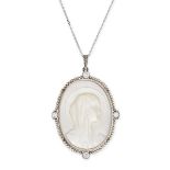 A MOTHER OF PEARL, PEARL AND DIAMOND MADONNA PENDANT NECKLACE set with a central carved mother of