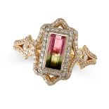 A WATERMELON TOURMALINE AND DIAMOND RING in 18ct yellow gold, set with a rectangular step cut