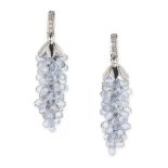 A PAIR OF SAPPHIRE AND DIAMOND DROP EARRINGS each set with a row of round brilliant cut diamonds