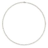 A PEARL NECKLACE comprising a chain link necklace set with pearls, no assay marks, 43.5cm, 7.4g.