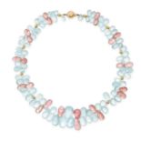 AN AQUAMARINE AND PINK TOURMALINE NECKLACE in 14ct yellow gold, strung with briolette cut aquamarine