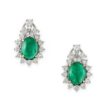 A PAIR OF EMERALD AND DIAMOND CLUSTER EARRINGS in 18ct white gold, each set with a cabochon