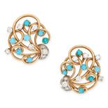 A PAIR OF VINTAGE TURQUOISE AND DIAMOND CLIP EARRINGS in 18ct yellow gold and white gold, in
