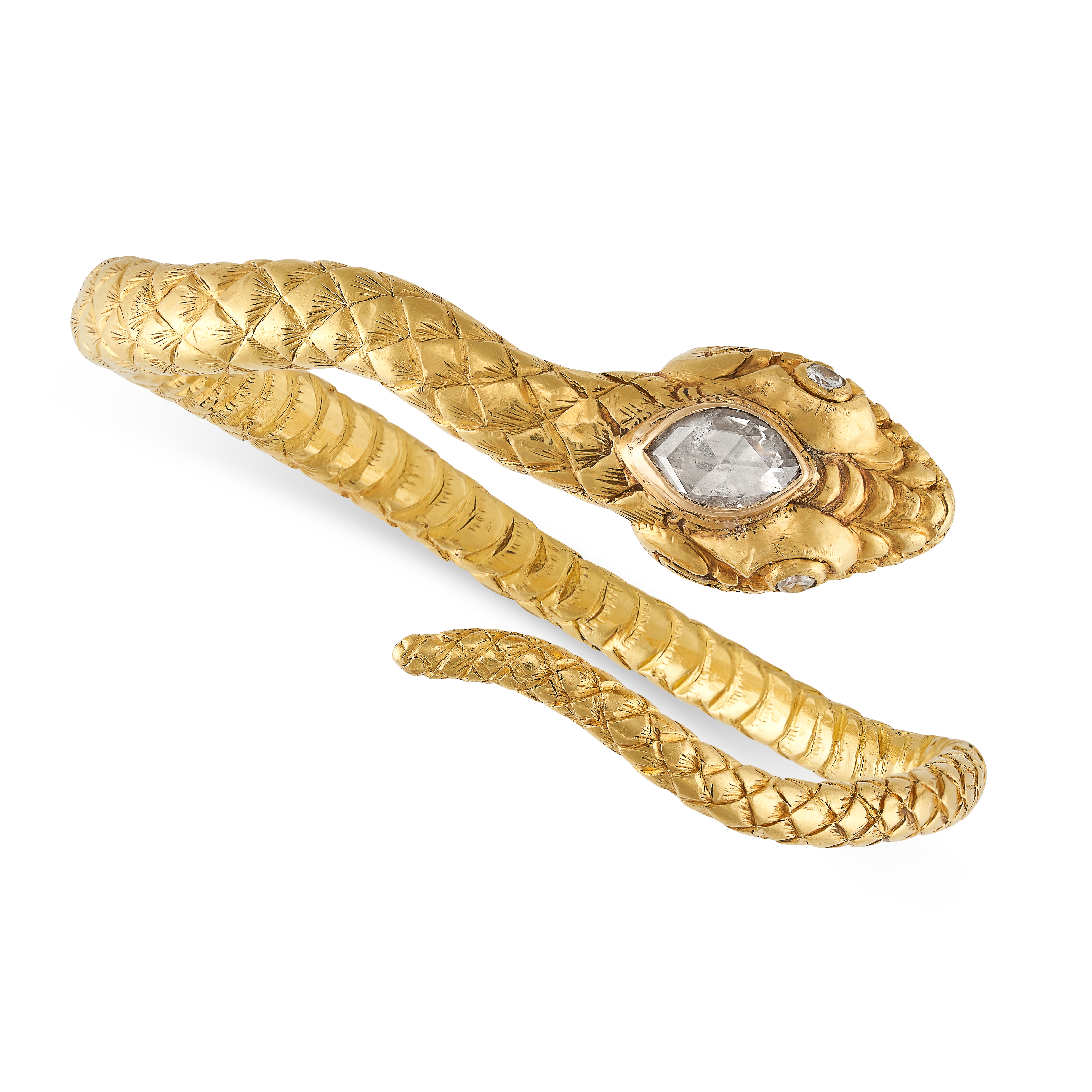 A DIAMOND SNAKE BANGLE in yellow gold, designed as a snake coiled around itself, the head set with a