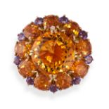 A CITRINE, AMETHYST AND DIAMOND DRESS RING in 14ct yellow gold, set to the centre with a round cut