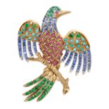 A VINTAGE GEMSET BIRD BROOCH in 14ct yellow gold, designed as a bird perched on a branch, set