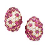 A PAIR OF RUBY AND DIAMOND CLIP EARRINGS in 14ct yellow gold, set with cabochon ruby and round cut