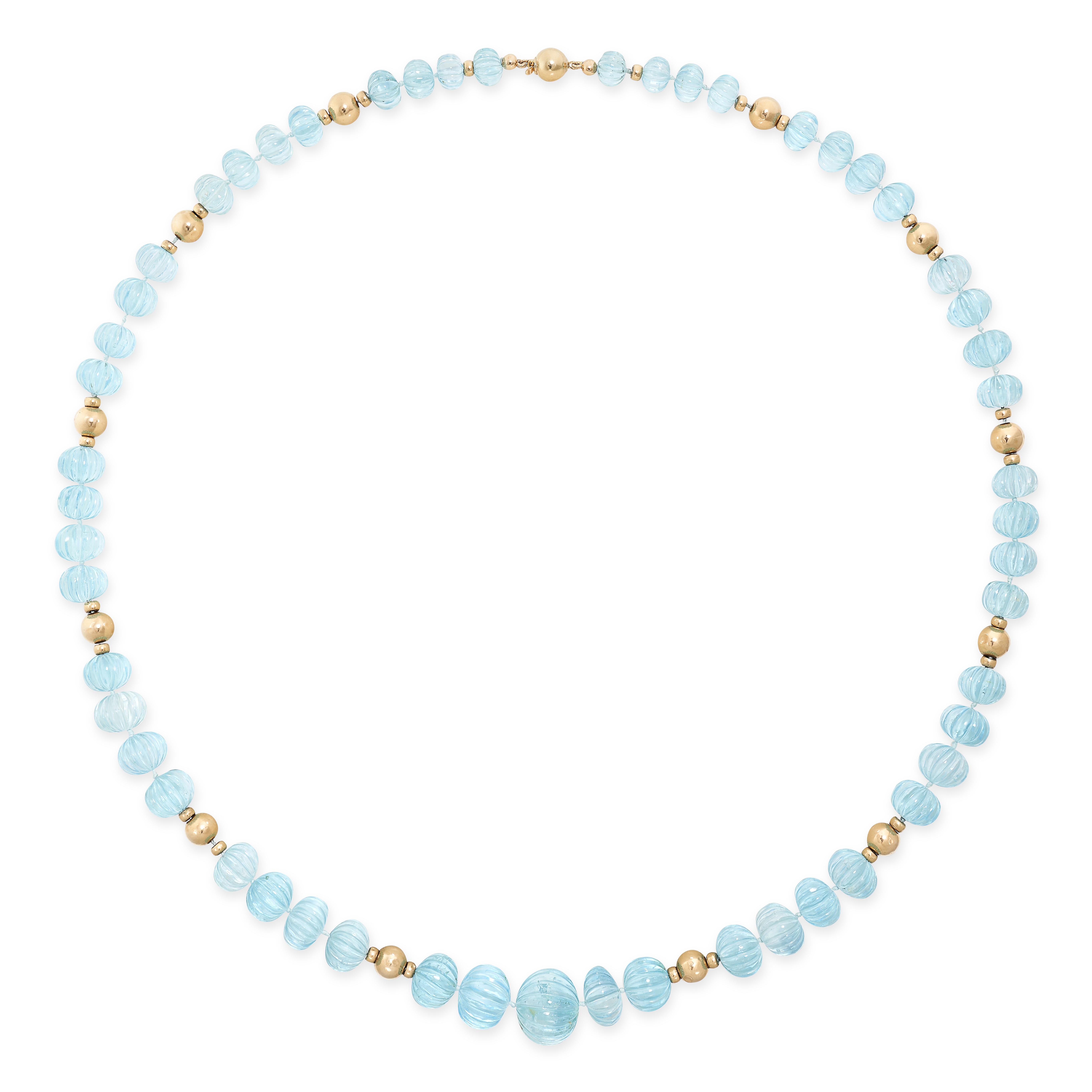 A BLUE TOPAZ AND GOLD BEAD NECKLACE in 14ct yellow gold, set with a single row of graduated carved