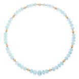 A BLUE TOPAZ AND GOLD BEAD NECKLACE in 14ct yellow gold, set with a single row of graduated carved