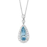 AN AQUAMARINE AND DIAMOND PENDANT NECKLACE in white gold, the pendant set with two round brilliant