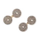 AN ANTIQUE PAIR OF DIAMOND CUFFLINKS in yellow gold and platinum, each circular disc set with an old