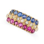 A VINTAGE SAPPHIRE, RUBY AND DIAMOND RING in yellow gold, set with a row of round cut rubies, single