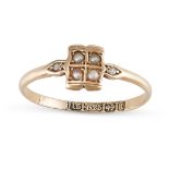 AN ANTIQUE VICTORIAN PEARL AND DIAMOND RING in 15ct yellow gold, the rectangular face set with