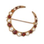 A VINTAGE GARNET AND PEARL CRESCENT BROOCH in 9ct yellow gold, designed as a crescent moon, set with