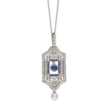 A SAPPHIRE, DIAMOND AND PEARL PENDANT NECKLACE in 18ct white gold, the geometric openwork pendant