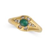 AN ANTIQUE TURQUOISE AND DIAMOND GYPSY RING in yellow gold, set with a cabochon green turquoise