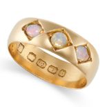 AN ANTIQUE VICTORIAN OPAL GYPSY RING in 18ct yellow gold, set with three cabochon opals, full