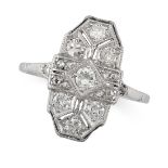 AN ART DECO DIAMOND RING in platinum, the geometric face set with transitional and rose cut