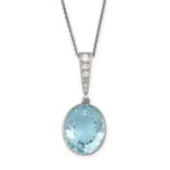AN AQUAMARINE AND DIAMOND PENDANT AND CHAIN the pendant set with an oval mixed cut aquamarine of