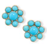 A PAIR OF TURQUOISE CLUSTER STUD EARRINGS in 14ct yellow gold, set with a cluster of cabochon