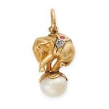 A RUBY, DIAMOND AND PEARL PENDANT in yellow gold, designed as an elephant standing on a pearl of 8.