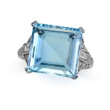 A VINTAGE AQUAMARINE AND DIAMOND RING set with a carre cut aquamarine of 7.20 carats, the