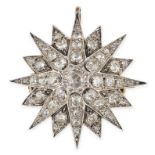 AN ANTIQUE DIAMOND STAR BROOCH / PENDANT AND CHAIN,19TH CENTURY AND LATER in yellow gold and silver,