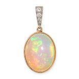 AN OPAL AND DIAMOND PENDANT in yellow gold, set with a cabochon opal and four round brilliant cut