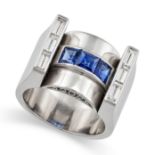 MAPPIN & WEBB, A SAPPHIRE AND DIAMOND RING in 18ct white gold, in geometric design, set with a