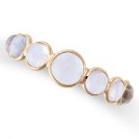 A RAINBOW MOONSTONE HALF ETERNITY RING in 14ct yellow gold, set with five oval cut rainbow