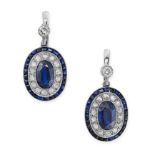 A PAIR OF SAPPHIRE AND DIAMOND DROP EARRINGS in 18ct white gold, each set with an old cut diamond