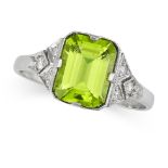 A PERIDOT AND DIAMOND RING in platinum, set with an octagonal cut peridot of approximately 2.60