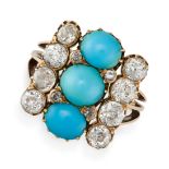 A VINTAGE TURQUOISE AND DIAMOND COCKTAIL RING in yellow gold, set with three cabochon cut